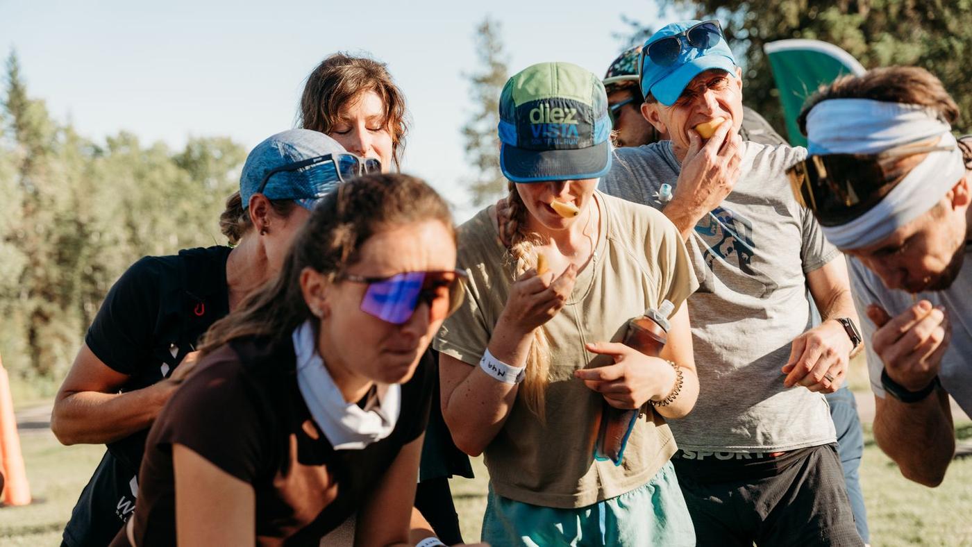 Runners laughing together