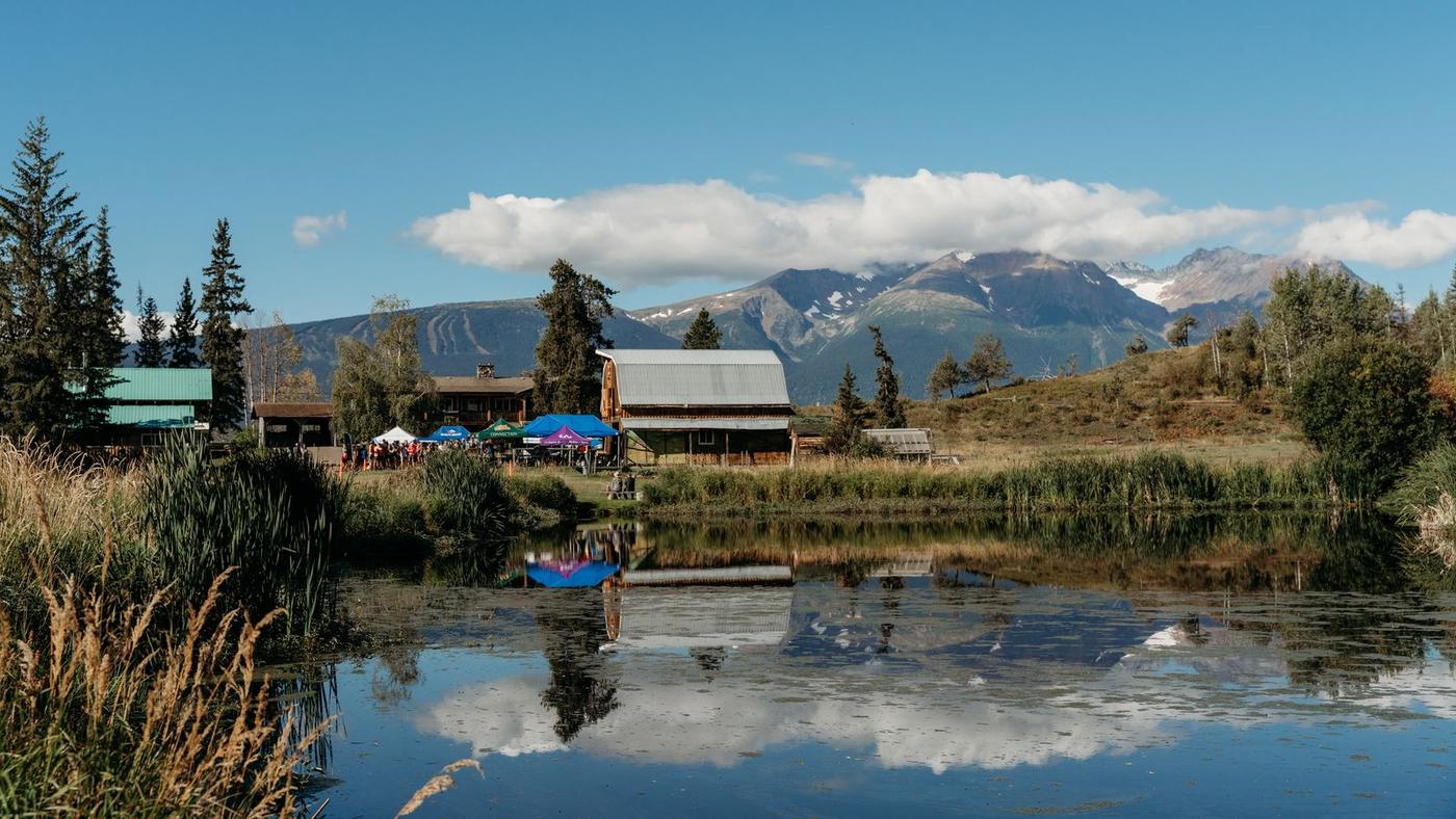 Course pond with mountains