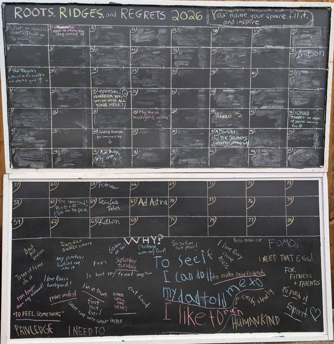 The Roots, Ridges & Regrets 2026 chalkboard, covered in runners' messages